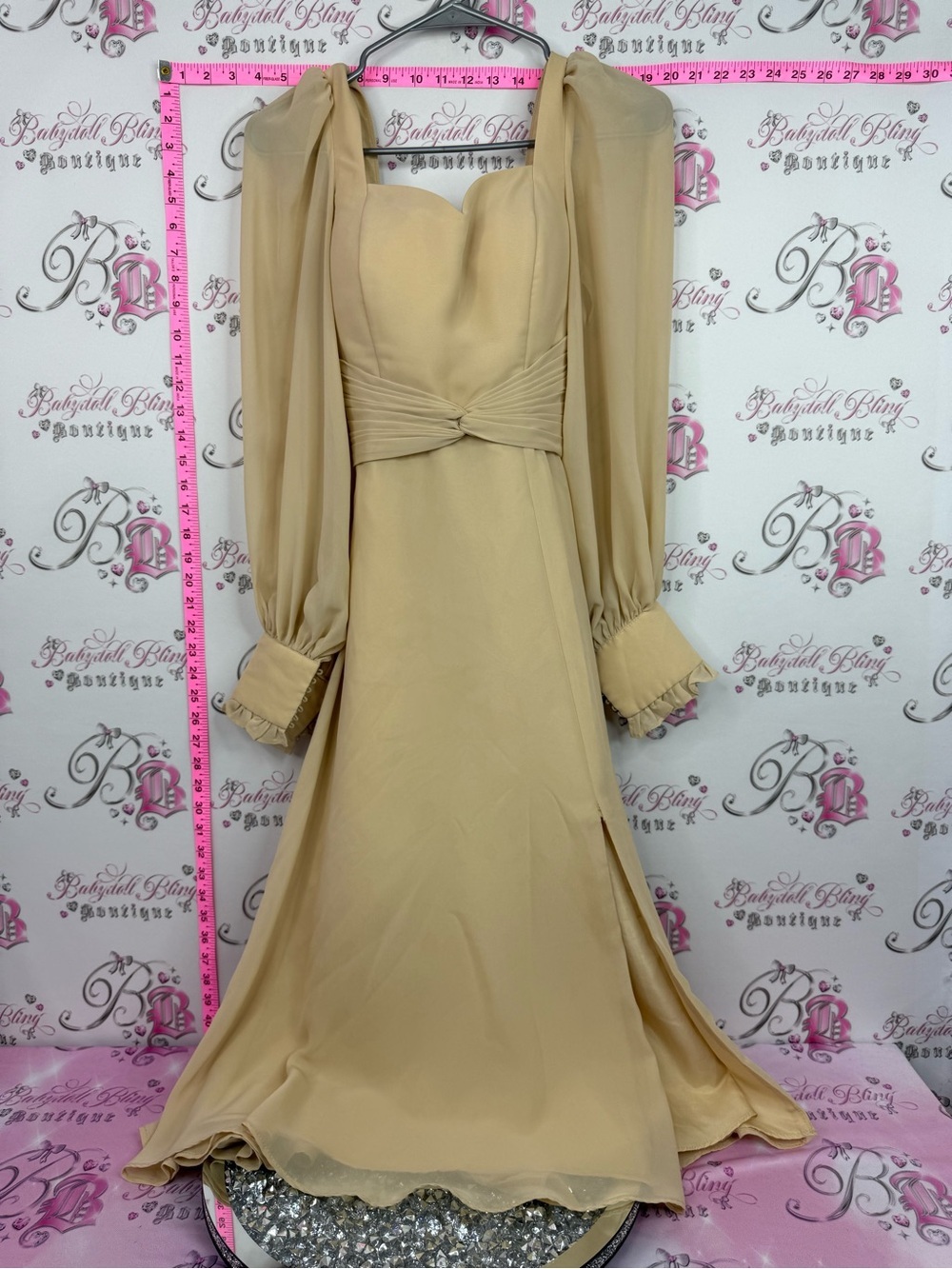 JJs House dress long formal Champagne Long-Sleeve Chiffon Evening Gown